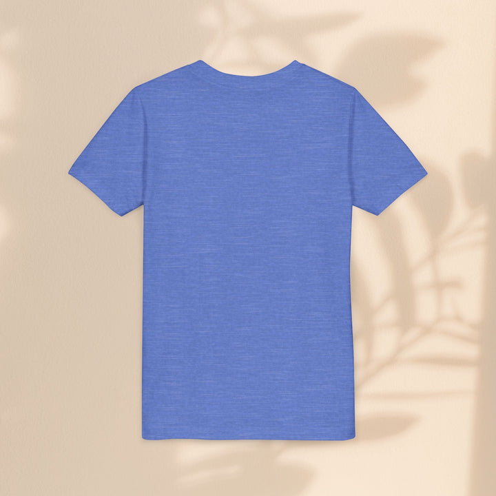 Sea Dragon Dreams youth t-shirt in heather blue, back view, soft cotton blend fabric, plain design.