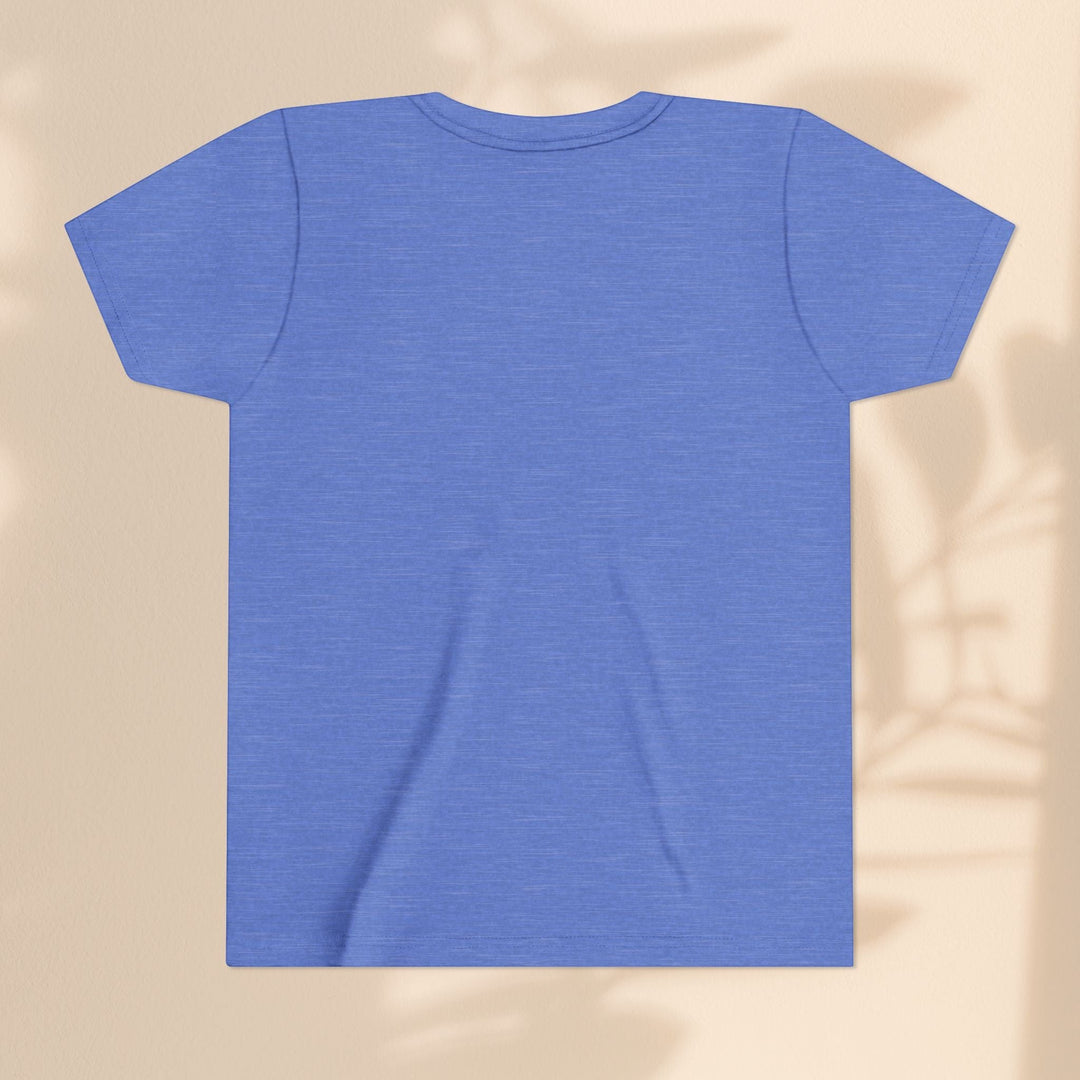 Sea Dragon Dreams youth t-shirt in heather blue, back view, soft cotton blend fabric, plain design.