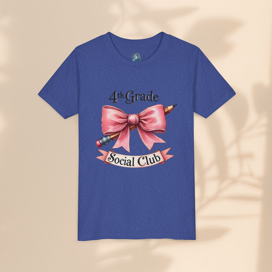 Sea Dragon Dreams blue youth short sleeve cotton tee featuring a 4th Grade Social Club graphic with a pink bow
