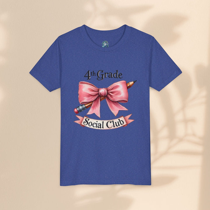 Sea Dragon Dreams blue youth short sleeve cotton tee featuring a 4th Grade Social Club graphic with a pink bow