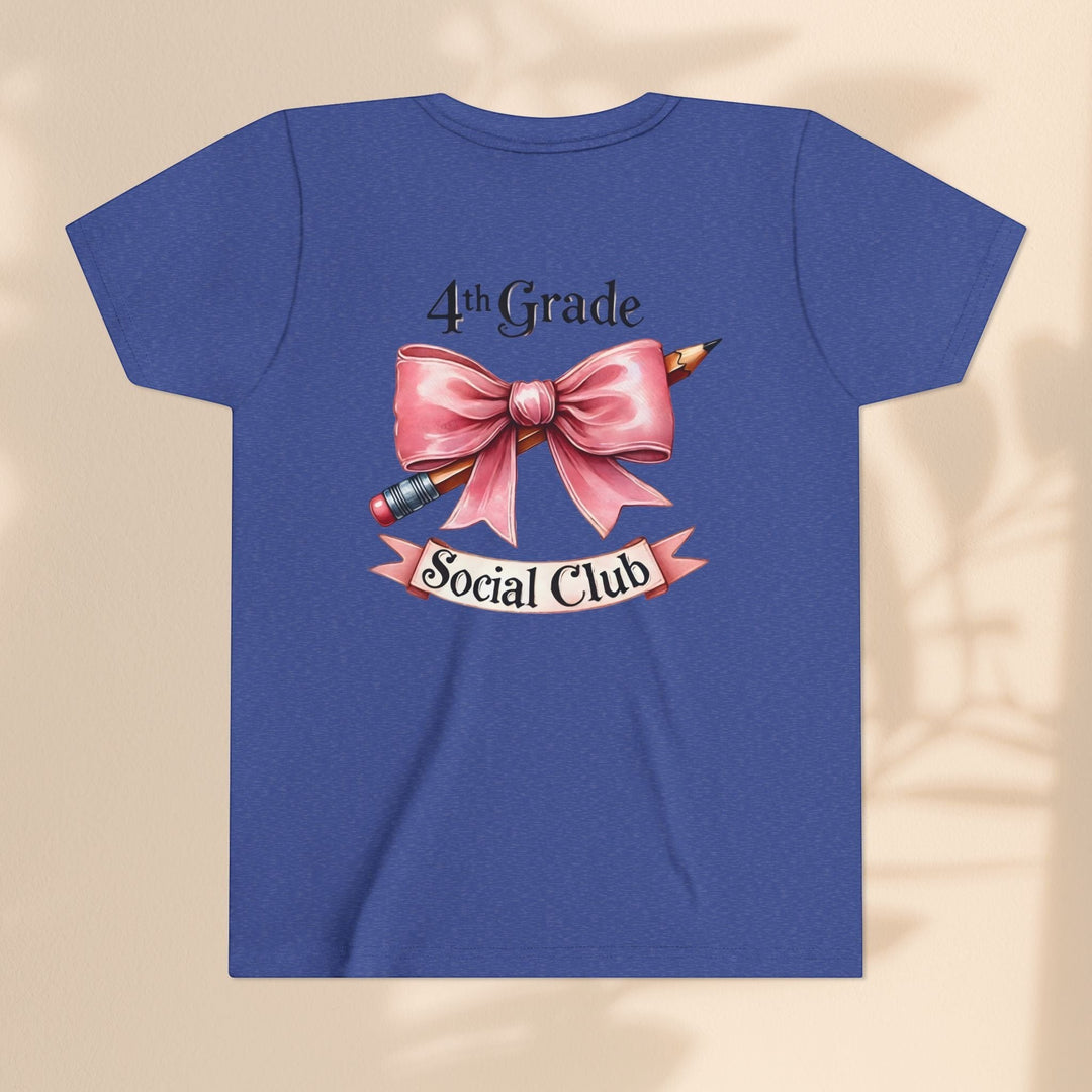 Sea Dragon Dreams blue youth short sleeve cotton tee featuring a 4th Grade Social Club graphic with a pink bow