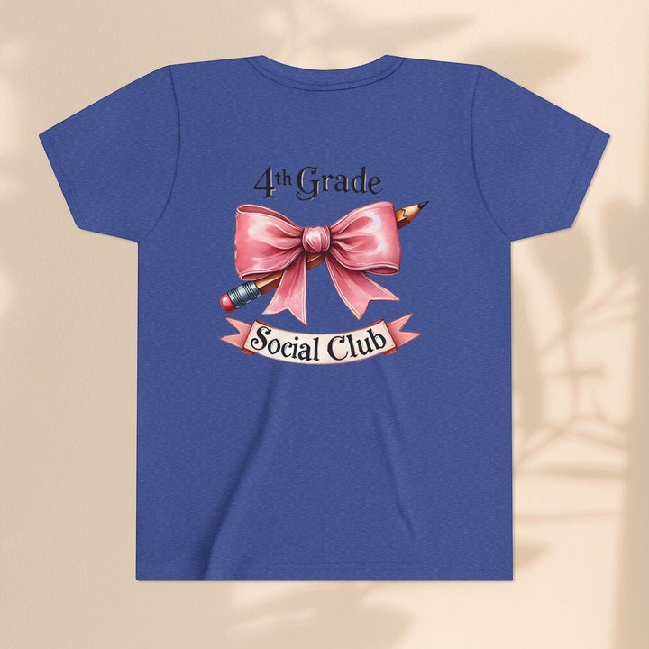 Sea Dragon Dreams blue youth short sleeve cotton tee featuring a 4th Grade Social Club graphic with a pink bow