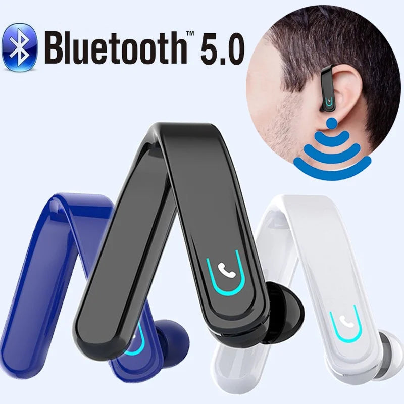 Sea Dragon Dreams wireless Bluetooth 5.0 business headset with ear-hook design in black, blue, and white colors.