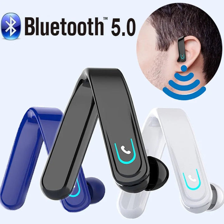 Sea Dragon Dreams wireless Bluetooth 5.0 business headset with ear-hook design in black, blue, and white colors.