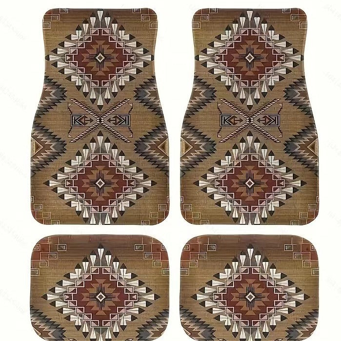 Sea Dragon Dreams bohemian floral car floor mats with a vintage geometric pattern in brown and tan polyester fiber.
