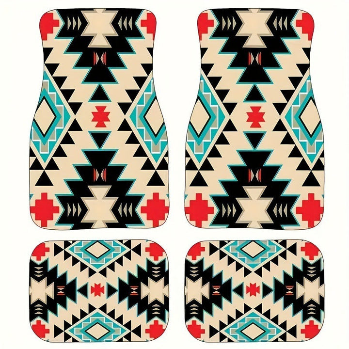 Sea Dragon Dreams bohemian floral car floor mats with geometric southwestern patterns in red, black, and teal polyester