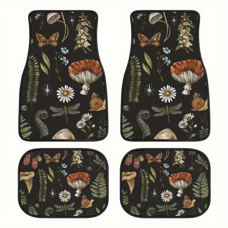Sea Dragon Dreams bohemian floral car floor mats with vintage mushroom, butterfly, and botanical print on black fabric