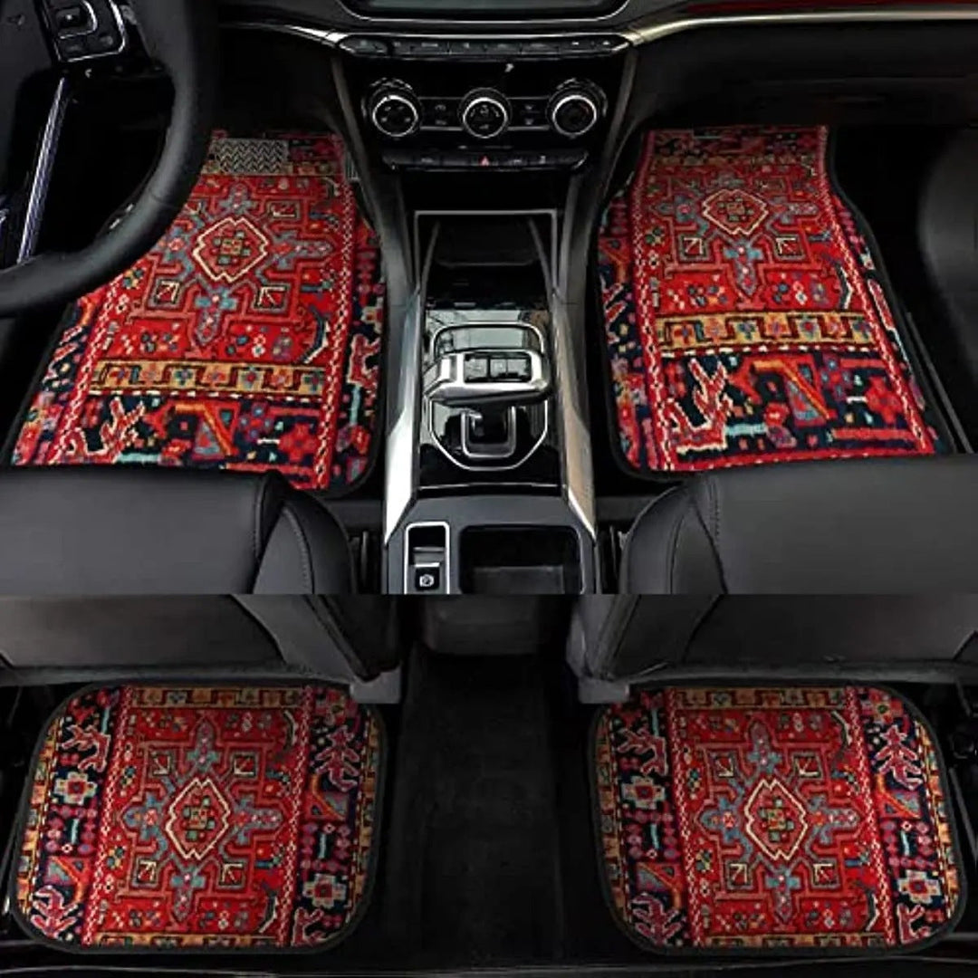 Sea Dragon Dreams bohemian floral car floor mats with vintage red Persian rug pattern in a vehicle interior.