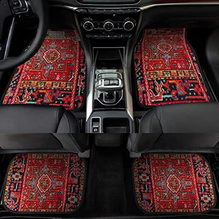Sea Dragon Dreams bohemian floral car floor mats with vintage red Persian rug pattern in a vehicle interior.