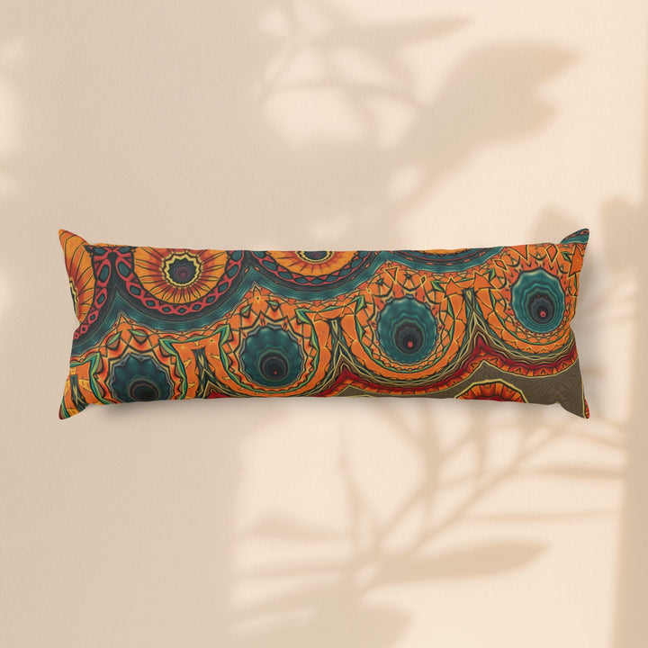 Sea Dragon Dreams bohemian body pillow featuring a vibrant mandala pattern in burnt orange, teal, and marigold tones.