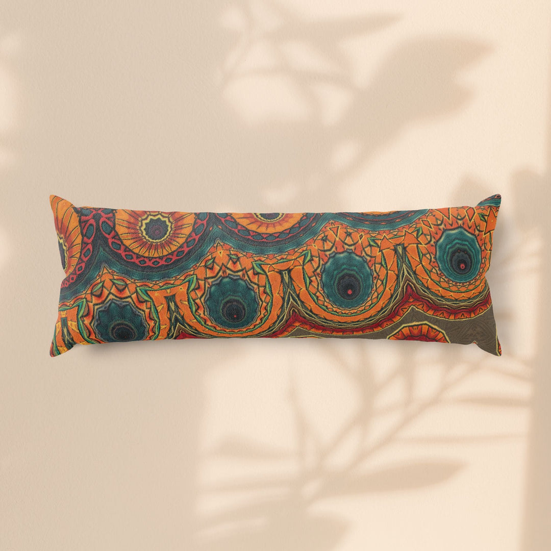 Sea Dragon Dreams bohemian body pillow featuring a vibrant mandala print in burnt orange, teal, and deep marigold.