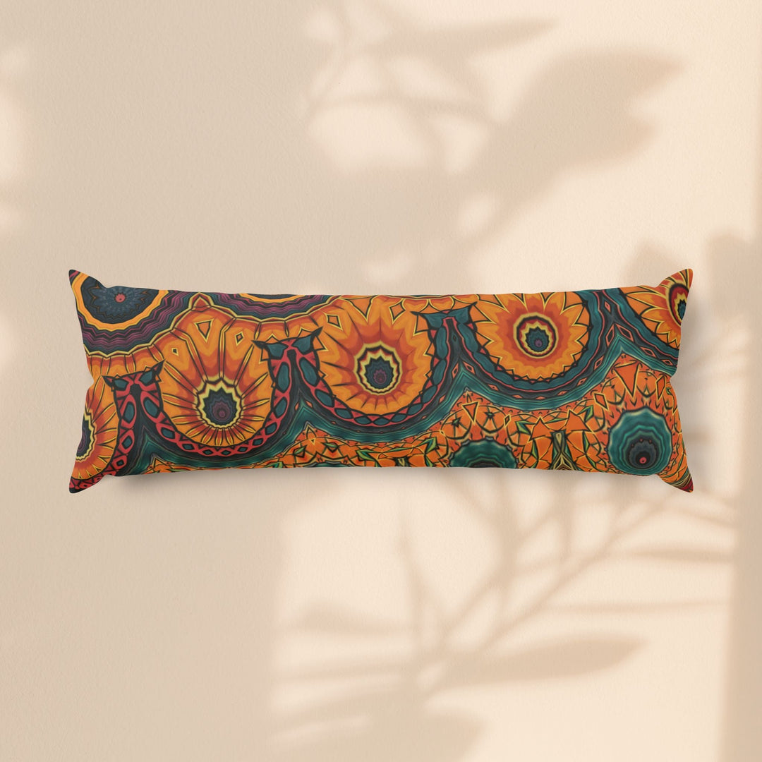 Sea Dragon Dreams bohemian body pillow featuring a vibrant mandala pattern in burnt orange, teal, and deep marigold.