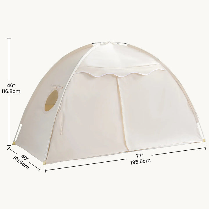 Sea Dragon Dreams Boho Cream kids bed tent with breathable side windows and tie-back doors for play or sleep