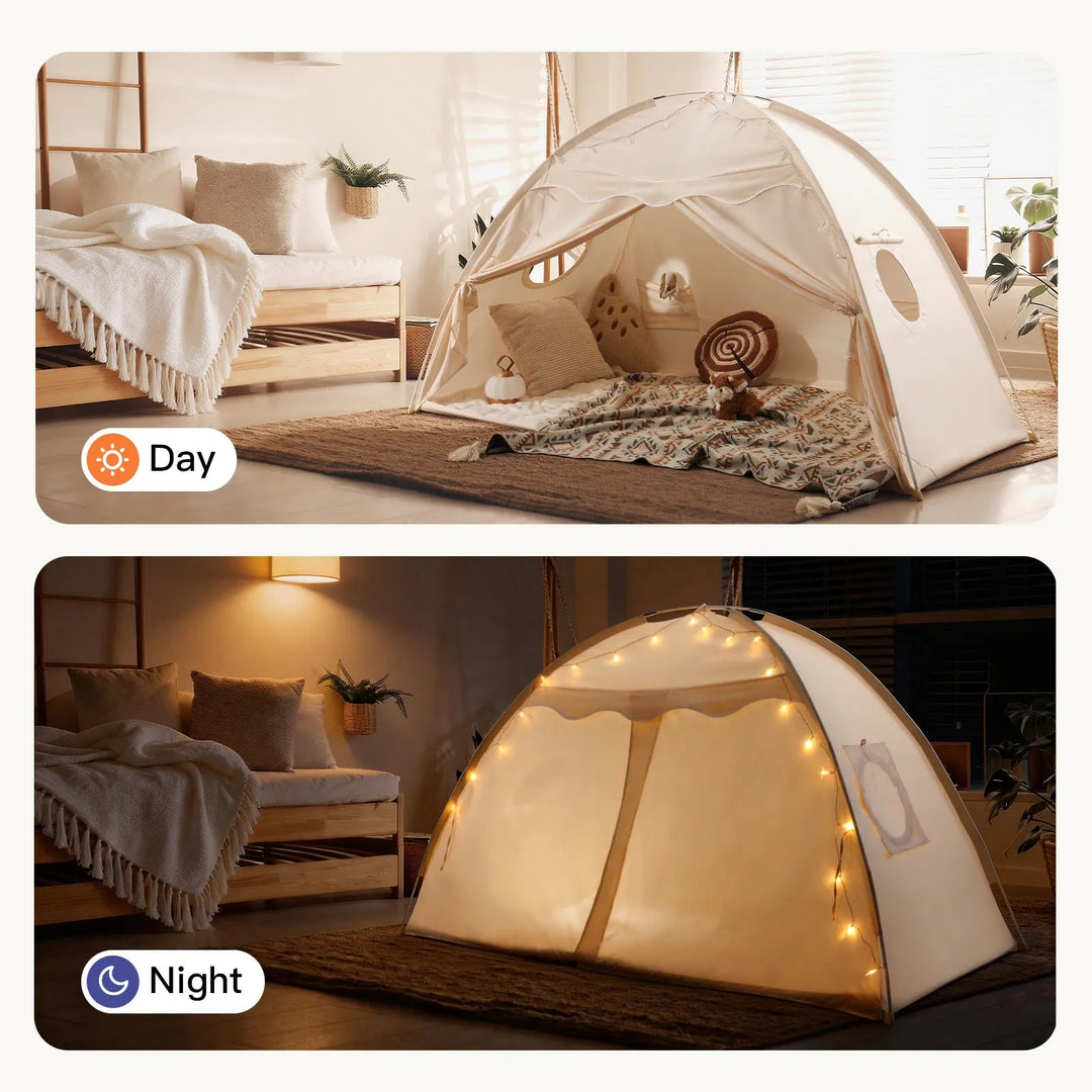 Sea Dragon Dreams Boho Cream kids play tent shown in day and night settings with cozy bedding and string lights