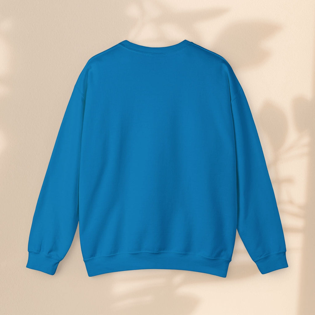 Sea Dragon Dreams BOO unisex heavy blend crewneck sweatshirt in bright blue, shown from the back.