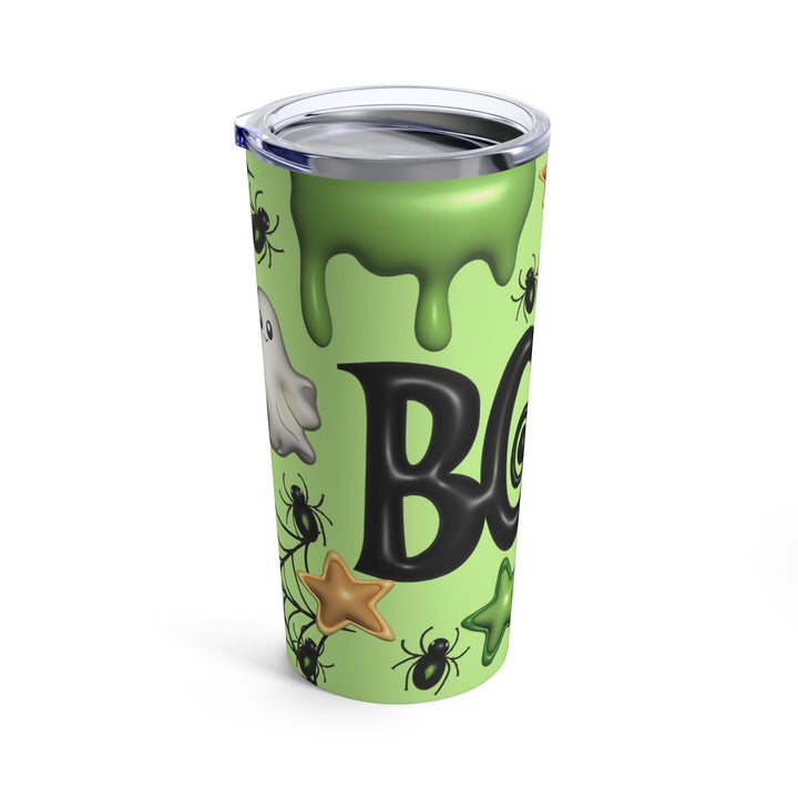 Sea Dragon Dreams 20oz stainless steel tumbler featuring a green Boo Ghost Halloween pattern with spiders and slime.