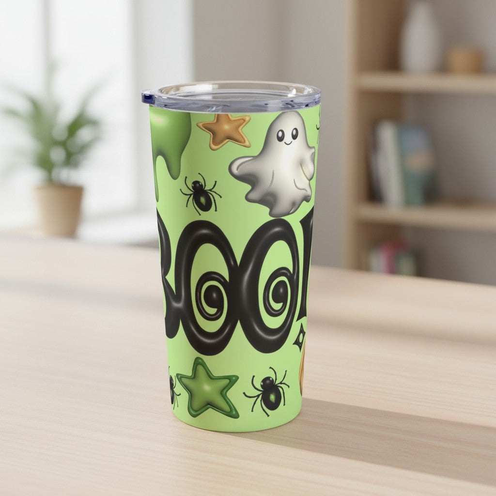 Sea Dragon Dreams 20oz stainless steel tumbler with a light green Halloween ghost, spider, and star pattern.