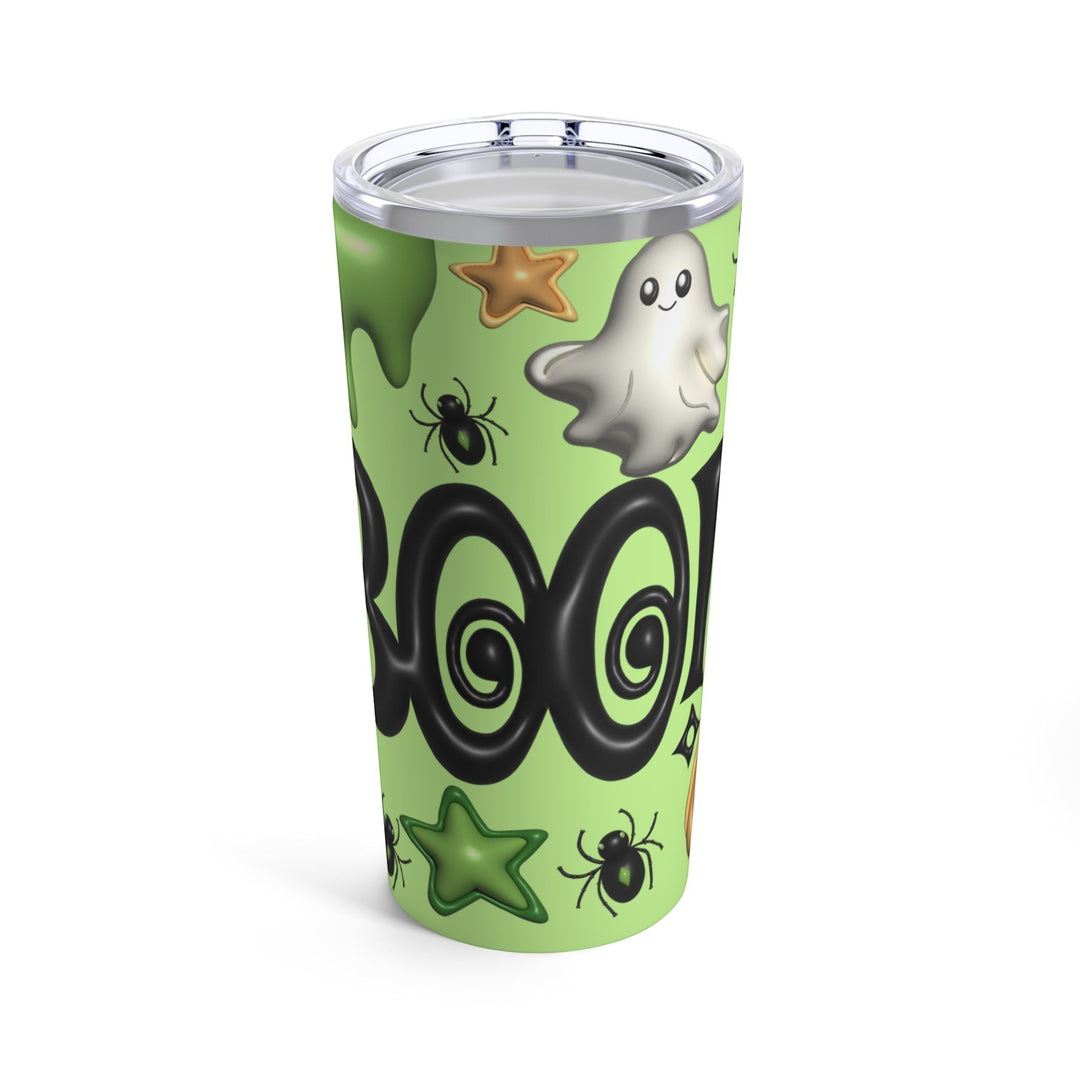 Sea Dragon Dreams 20oz stainless steel tumbler with a light green Halloween ghost, spider, and star pattern.