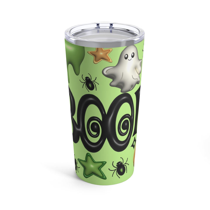 Sea Dragon Dreams 20oz stainless steel tumbler with a light green Halloween ghost, spider, and star pattern.