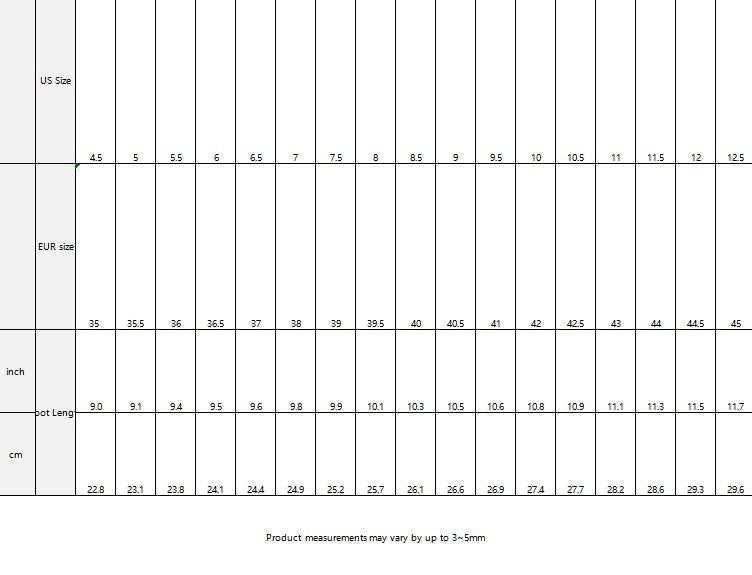 Sea Dragon Dreams size guide table for women's fashion boots showing EUR and US size conversions and insole lengths.