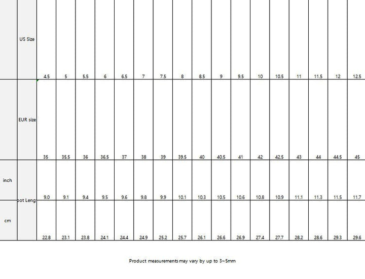 Sea Dragon Dreams size guide table for women's fashion boots showing EUR and US size conversions and insole lengths.