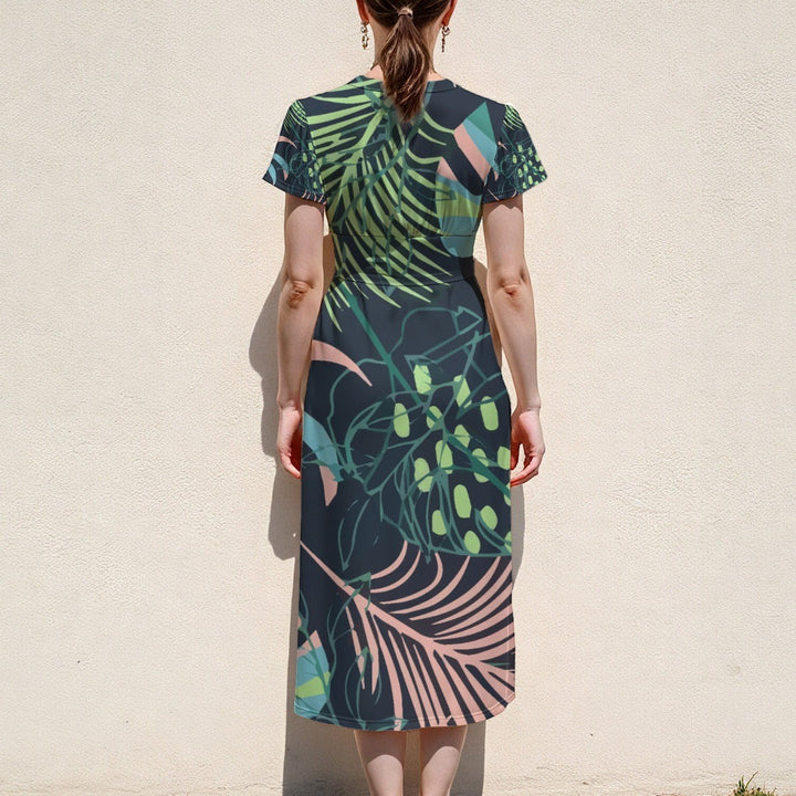 Sea Dragon Dreams botanical print midi dress with flutter sleeves and a V-neck, shown from the back.