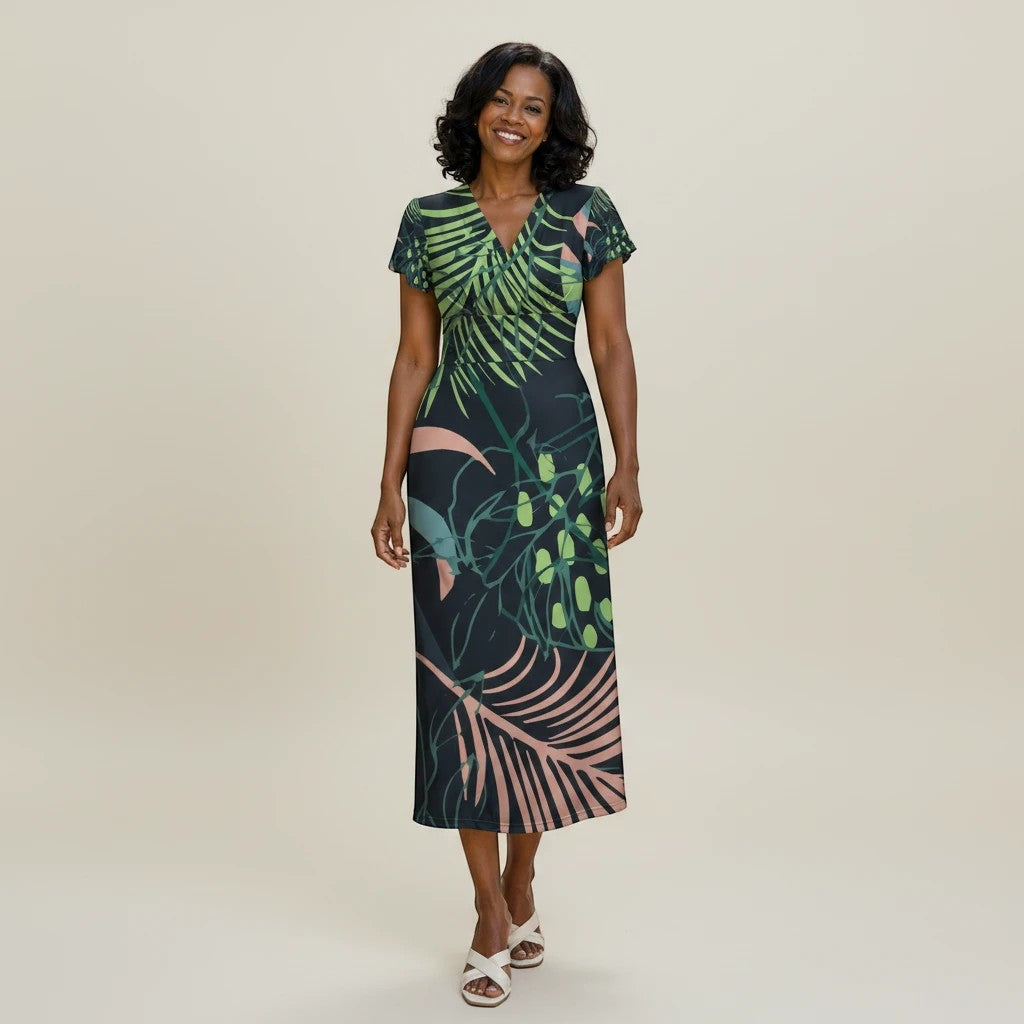 Sea Dragon Dreams botanical print midi dress with V-neck and flutter sleeves worn by a smiling woman in studio