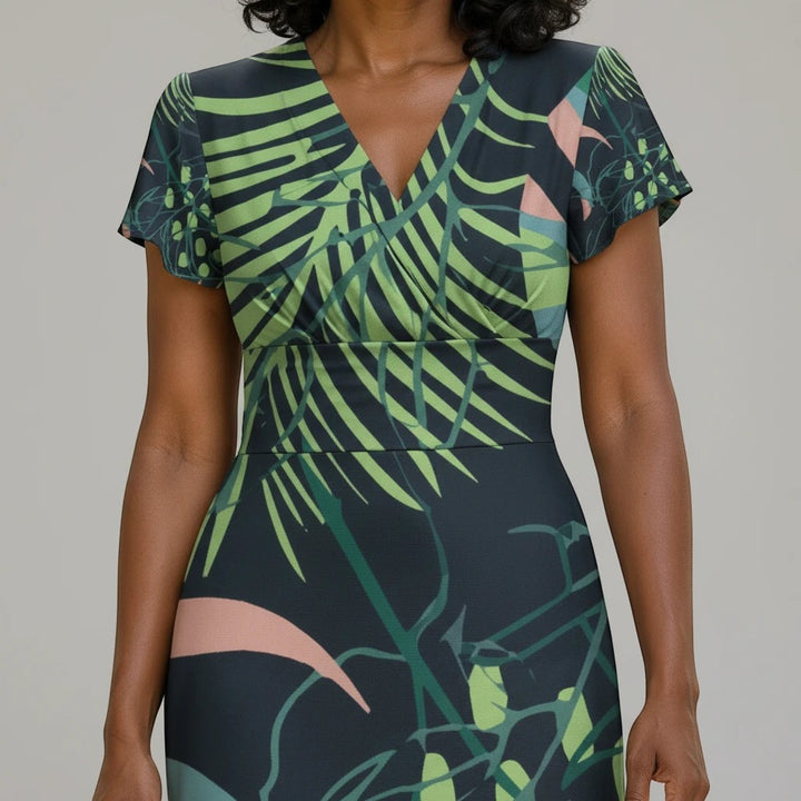Sea Dragon Dreams botanical print midi dress with a V-neckline and flutter sleeves in green and dark tones.