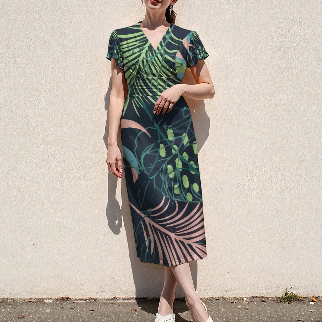 Sea Dragon Dreams botanical print midi dress with V-neck and flutter sleeves in a soft polyester blend