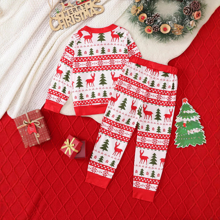 Sea Dragon Dreams boys' red and white two-piece Christmas outfit featuring a festive reindeer and tree animal print.