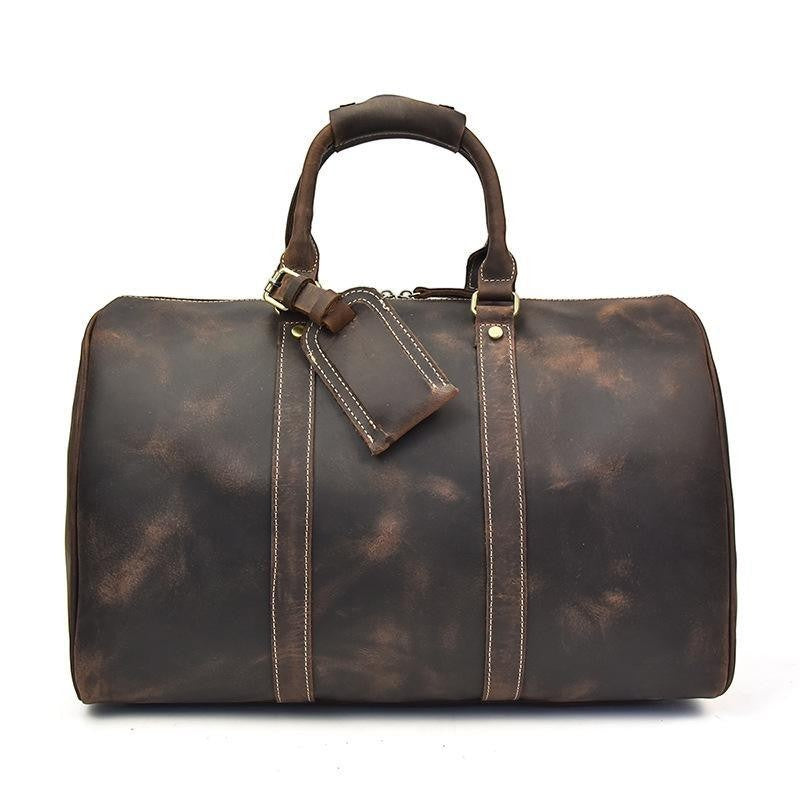Sea Dragon Dreams Brandt Weekender small brown horse leather duffle bag with top handles and luggage tag