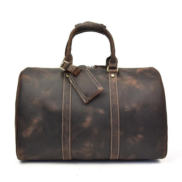 Sea Dragon Dreams Brandt Weekender small brown horse leather duffle bag with top handles and luggage tag