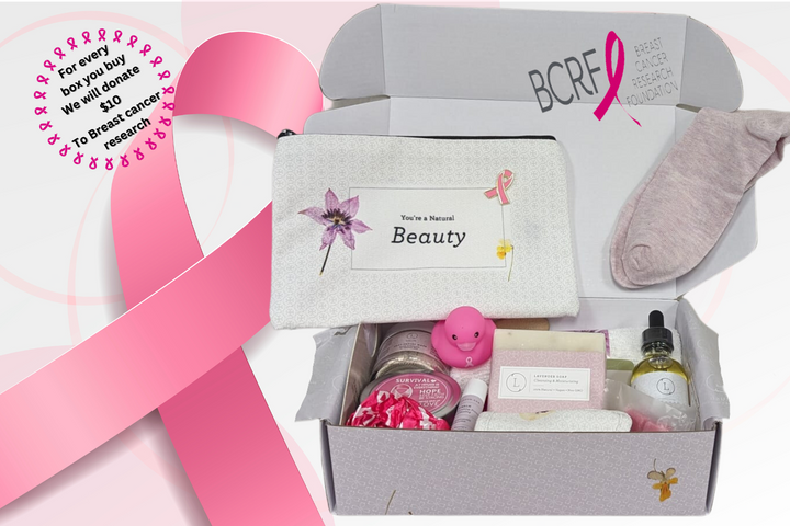 Sea Dragon Dreams breast cancer support gift box featuring natural spa items, pink socks, and a cosmetic bag.
