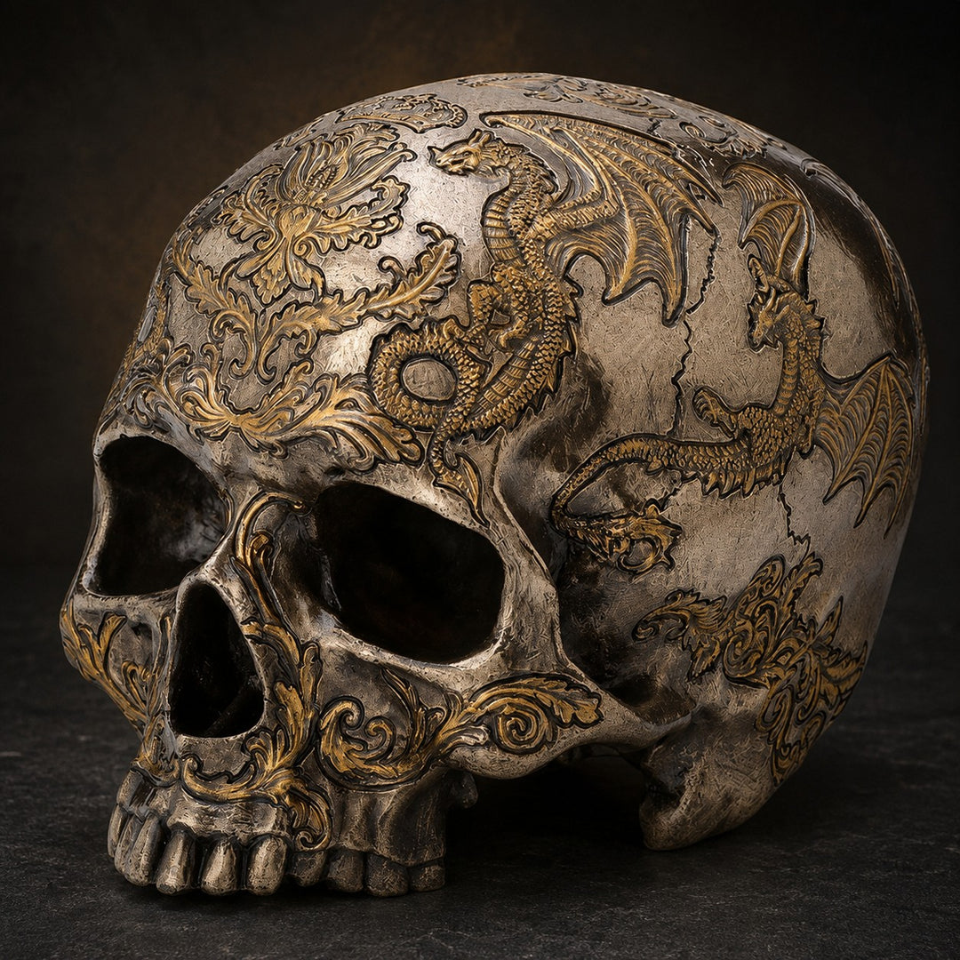 Sea Dragon Dreams cold-cast bronze skull figurine featuring intricate flying dragon and ornate thistle coat of arms.