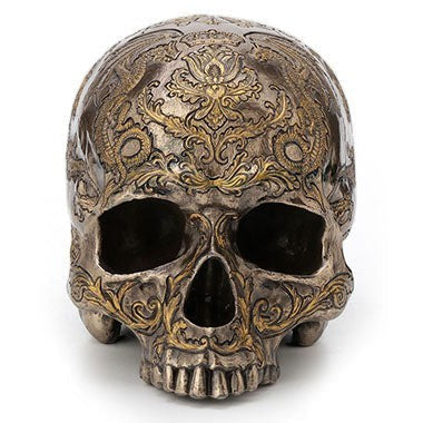 Sea Dragon Dreams cold-cast bronze skull figurine with intricate flying dragon and ornate thistle coat of arms details.