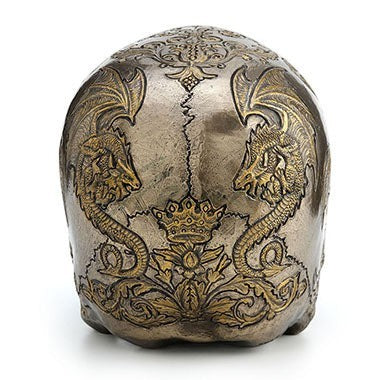 Sea Dragon Dreams cold-cast bronze skull figurine featuring intricate flying dragons and ornate coat of arms designs.