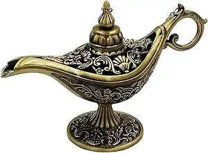 Sea Dragon Dreams vintage Aladdin magic genie lamp in bronze with intricate metal carvings and a classic curved spout.