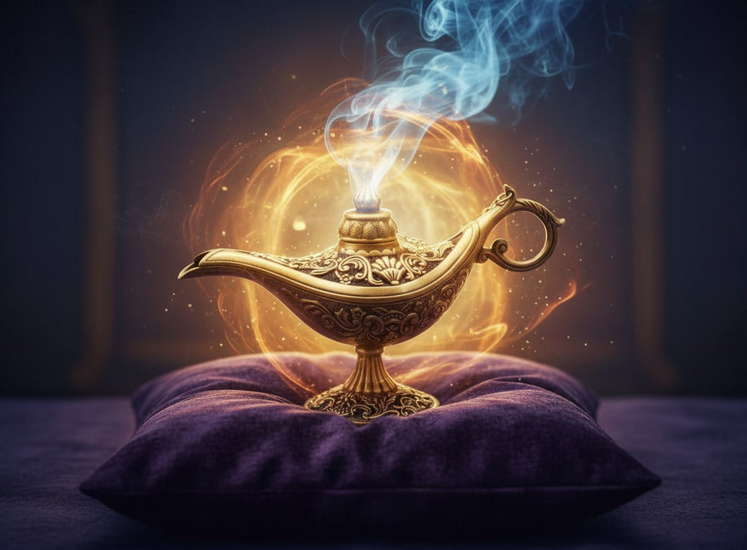Sea Dragon Dreams vintage bronze Aladdin genie lamp with intricate carvings, resting on a purple cushion with magical smoke.