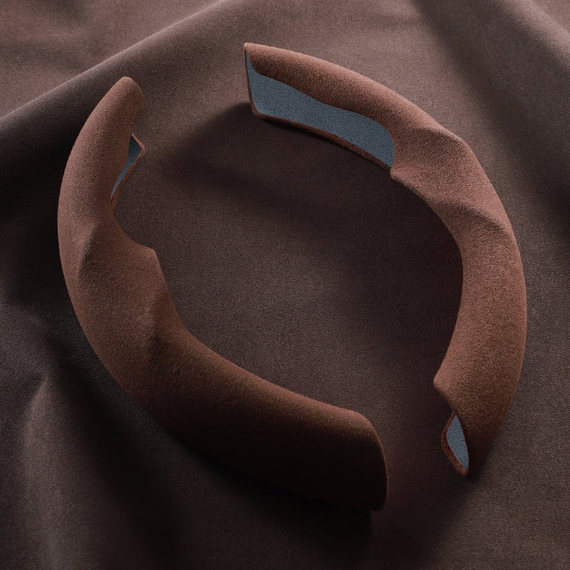Sea Dragon Dreams brown Alcantara steering wheel cover segments for Tesla Model 3 and Model Y with a soft suede texture.
