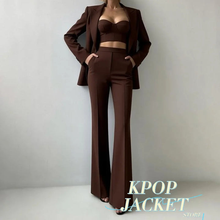 Sea Dragon Dreams brown 3-piece pantsuit featuring a tailored blazer, corset bustier top, and straight-leg trousers.