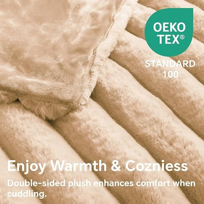 Sea Dragon Dreams BEDELITE brown faux rabbit fur throw blanket with 3D striped texture and OEKO-TEX certification.