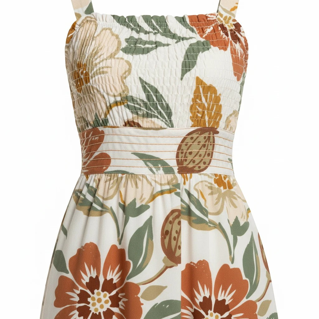 Sea Dragon Dreams sleeveless dress with brown floral print, ruched bust, and gathered waist in soft milk silk fabric
