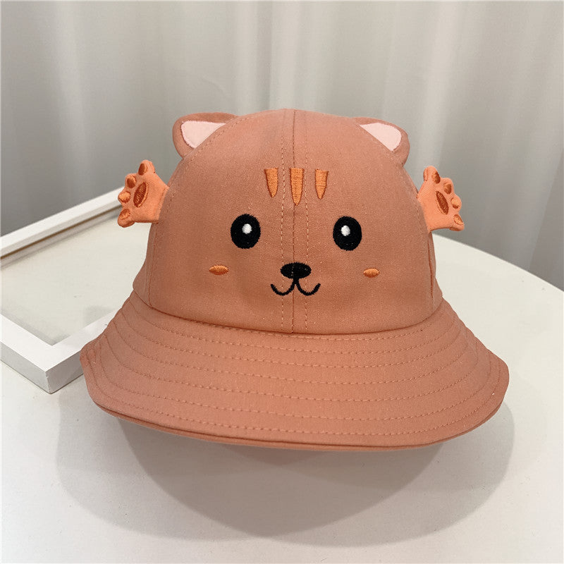 Sea Dragon Dreams baby bucket sun hat in a cute brown kitten design with embroidered facial features and small ears.