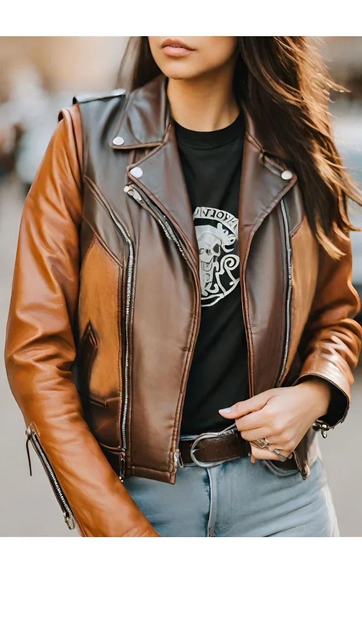 Sea Dragon Dreams women's two-tone brown leather biker jacket with silver zippers and a tailored racer silhouette.