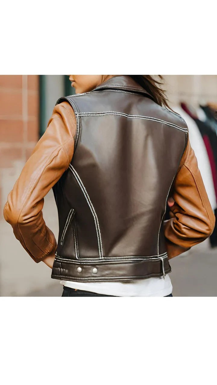 Sea Dragon Dreams women's two-tone brown leather biker vest with racer-inspired stitching and a tailored fit.