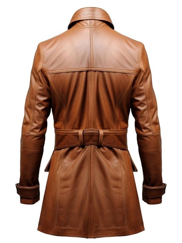 Sea Dragon Dreams men's brown real leather coat, back view showing structured waist belt and erect collar design.