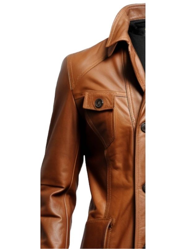 Sea Dragon Dreams men's brown real leather coat featuring a classic button-front closure and structured erect collar.