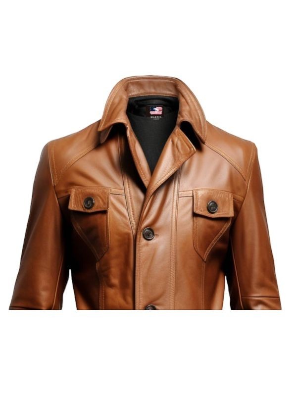Sea Dragon Dreams men's brown real leather coat with a button-front closure, erect collar, and chest pockets.