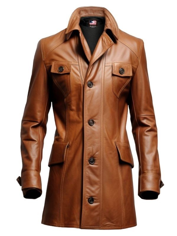 Sea Dragon Dreams men's brown real leather coat with a button-front closure, erect collar, and chest pockets.