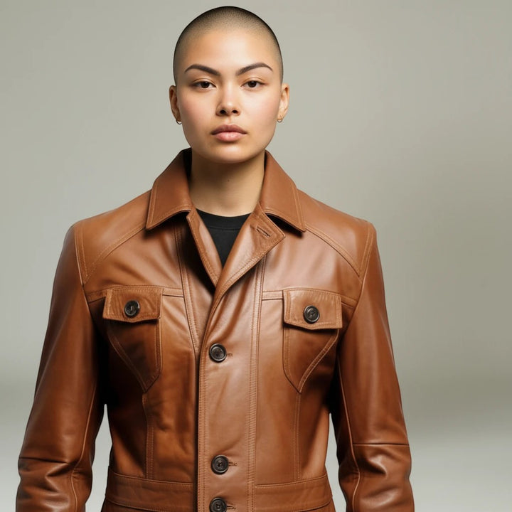 Sea Dragon Dreams men's brown real leather coat with a button-front closure, erect collar, and chest pockets.